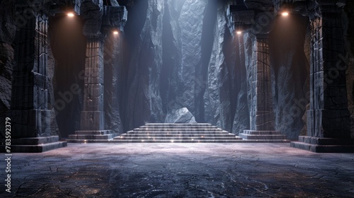 Cavernous Triumph  3D Rendered Stage in a Rough Stone Cave