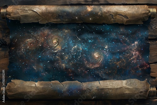 Ancient galaxy map on papyrus scroll, celestial discoveries, 