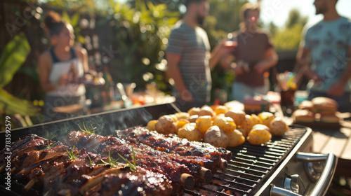 Friends gathered around a patio BBQ grill. The grill overflows with an assortment of delicious burgers, ribs bursting with flavor, and an array of baked potatoes. photo