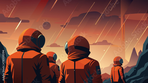 A group of explorers huddled under their protective suits watching as the acid rain falls from the sky in a constant trickle. The rocky ground