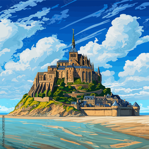 Mont Saint-Michel hand-drawn comic illustration. Mont Saint Michel. Vector doodle style cartoon illustration photo