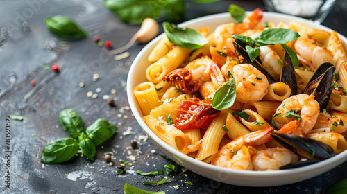 A beautifully plated dish of pasta with seafood and vegetables