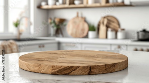 Empty beautiful round wood tabletop counter on interior in clean and bright kitchen background