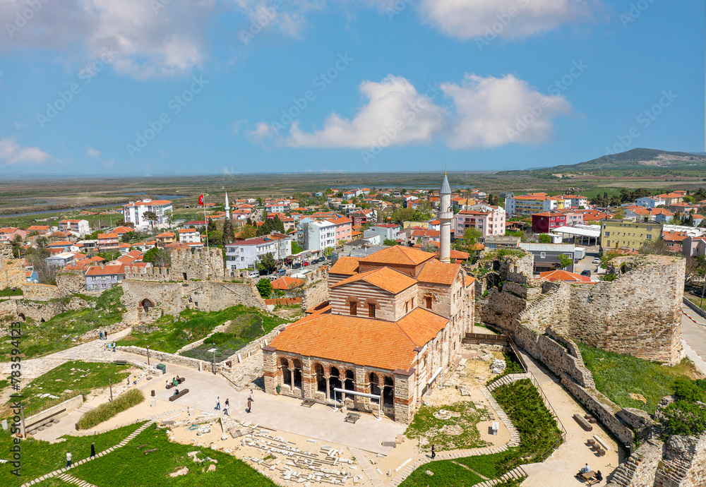 View of Hagia Sophia Mosque, Ancient Mosque Enez (Ainos) Fatih Mosque, built in the 12th century and converted into a mosque in 1455, and Enez (Ainos) castle.