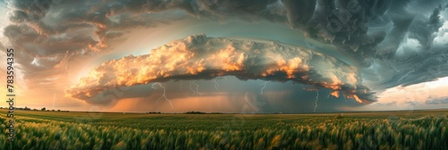 Panorama of a massive mesocyclone weather supercell, which is a pre tornado stage, passes over a grassy tornado sunset color photo