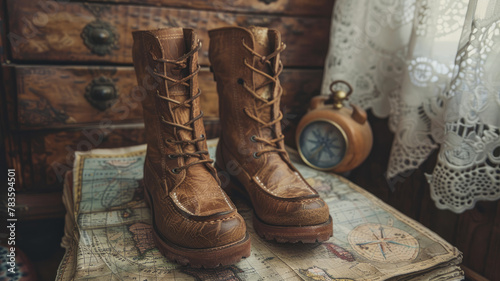 A pair of brown leather boots on an old map with a compass.