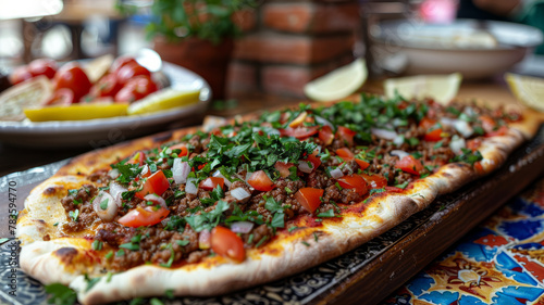 Turkish Lahmacun on a table with garnishes.