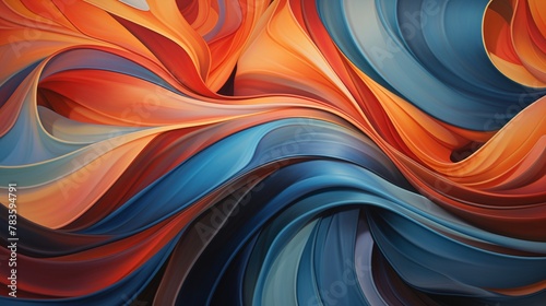 Ribbons of color weave through the air, creating intricate patterns against a backdrop of gradient waves in blue and orange hues.