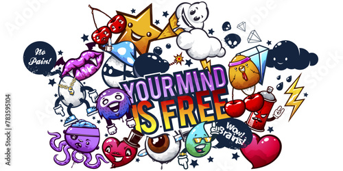 Your mind is free. Doodles, cheerful and funny, a collage around the text “Your mind is free.”