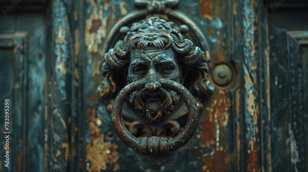 An old lion head door knocker on a textured door.