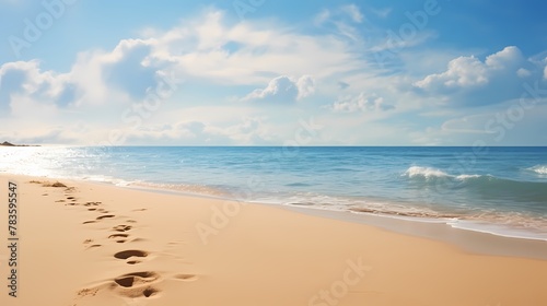 A sandy beach with footprints leading towards the sparkling ocean