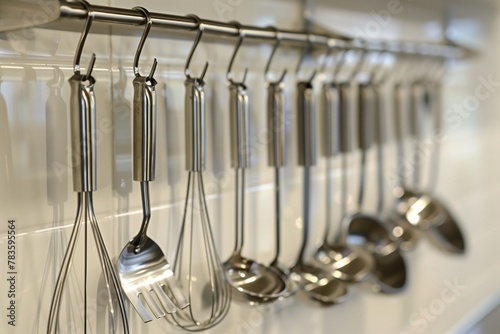 Whisks and spatulas arranged neatly on stainless steel hooks in the kitchen.