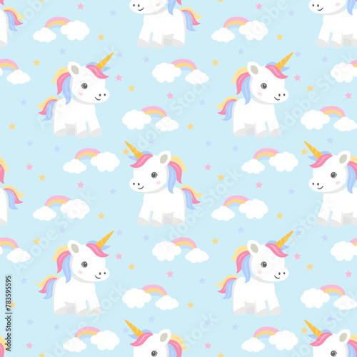 Cute cartoon character little unicorn. Seamless pattern for Baby Shower