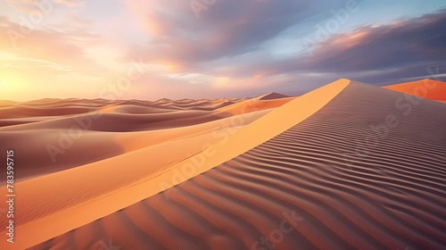 A sandy desert landscape with ripples in the sand created by the wind  stretching out towards the horizon