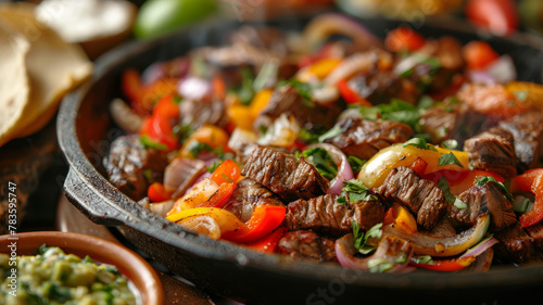 Photo of sizzling beef fajitas with vegetables