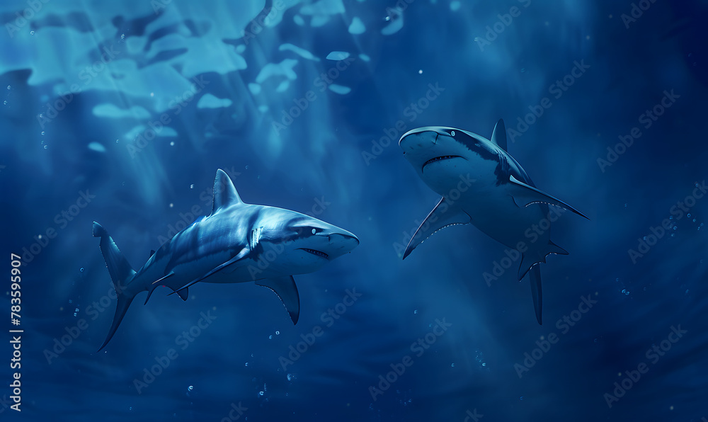 sharks swimming in the deep blue sea, Generative AI