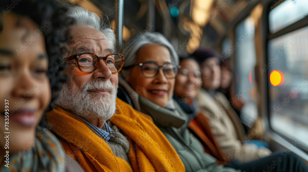 A group of smiling people on a bus.