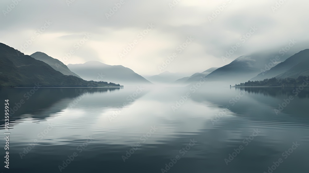 A serene lake surface reflecting the surrounding mountains, creating a mirror-like texture with ripples from gentle breezes
