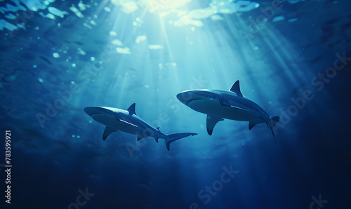 sharks swimming in the deep blue sea, Generative AI © simba kim