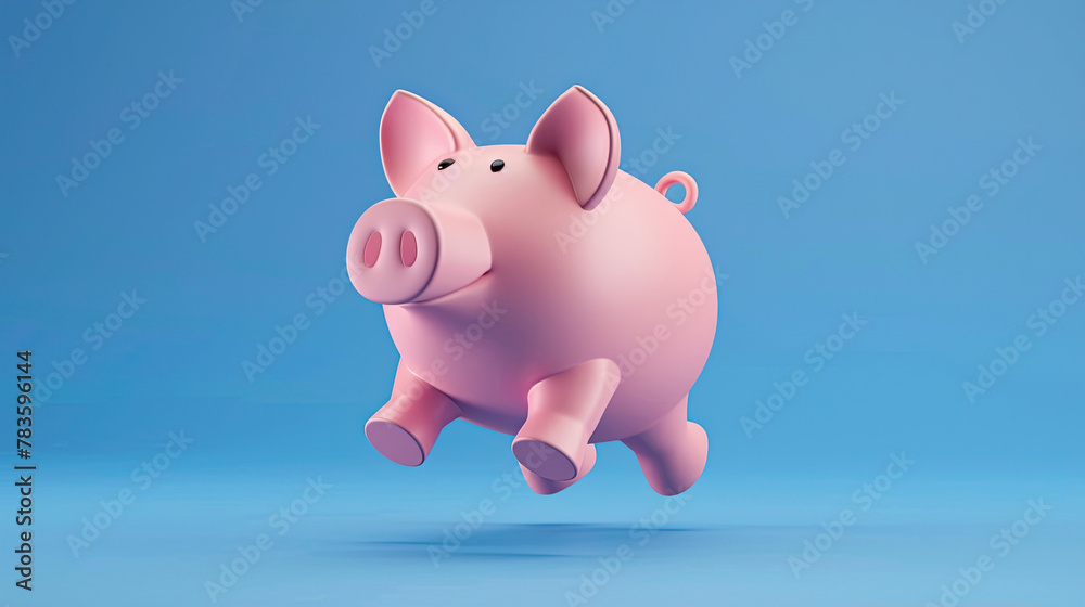 Pink piggy bank floating on blue background