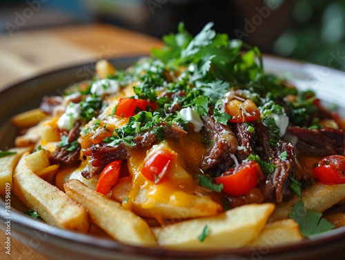 A plate of salsa verde poutine with brisket. There is a lot of sauce and put on it. photo