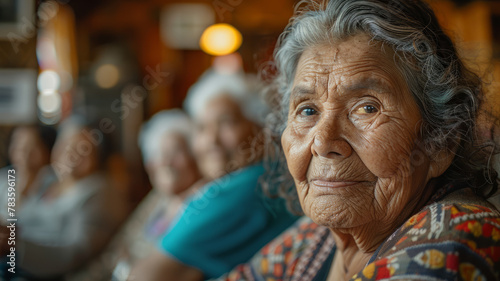 Elderly woman smiling  others in background