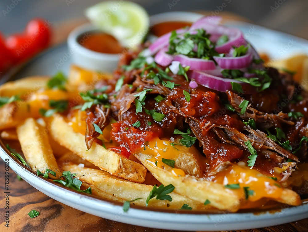 A plate of salsa verde poutine with brisket. There is a lot of sauce and put on it. A plate of salsa verde poutine with brisket. There is a lot of sauce and put on it.