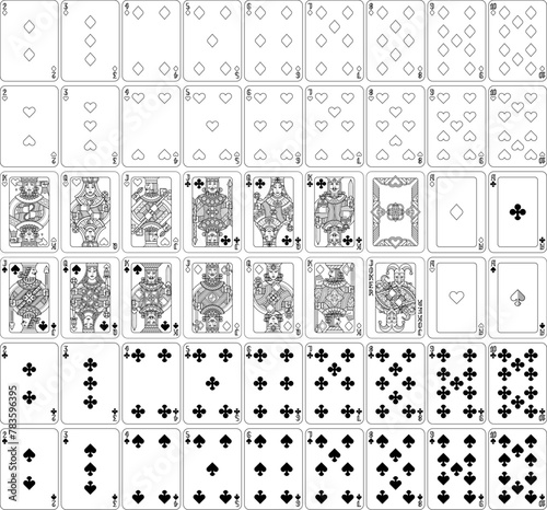 A truly full, complete deck of playing cards in black and white. All cards including joker plus and backs. An original design in a classic vintage style. Standard poker size.
