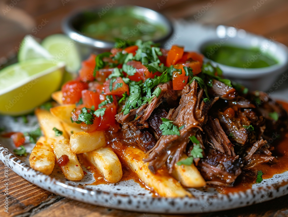 A plate of salsa verde poutine with brisket. There is a lot of sauce and put on it. A plate of salsa verde poutine with brisket. There is a lot of sauce and put on it.