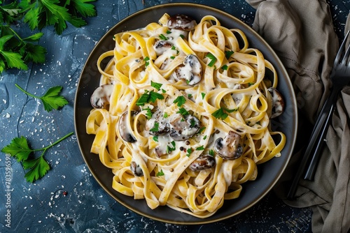 A plate of pasta with mushrooms and cheese. The pasta is covered in a creamy sauce and garnished with parsley. The dish looks delicious and inviting