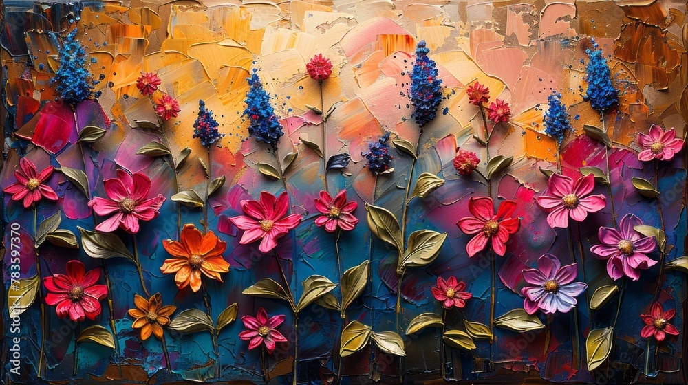 Fototapeta premium Bee Balm flowers and leaves. Oil paintings of abstract. Sprinkled paint on smooth paper, giving the paper a golden texture.