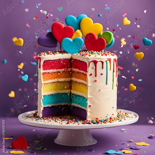 Multi-colored multi-layer cake with rainbow cakes decorated with hearts2, generated by ai photo