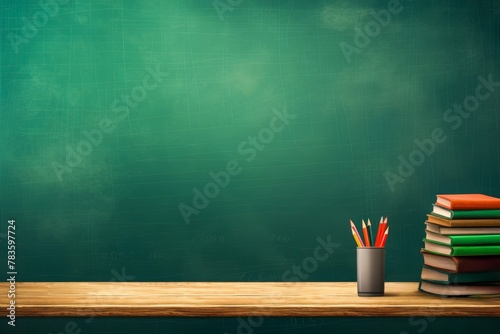 Classroom Chalkboard with Books and Pencils
 photo