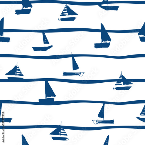 Seamless vector marine pattern with boat doodle style.