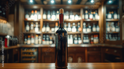 A wine bottle in a cellar with blurred shelves