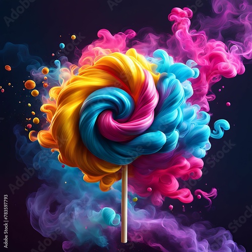 Multi-colored lollipop, in multi-colored smoke, candy, caramel, generated by ai