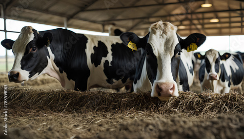 Cows in a barn. Generative AI.