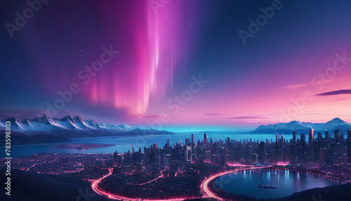 Purple aurora borealis in the sky. Generative AI.