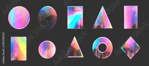 Set of blank sticker shapes for design mockups. Holographic textured stickers, on black background