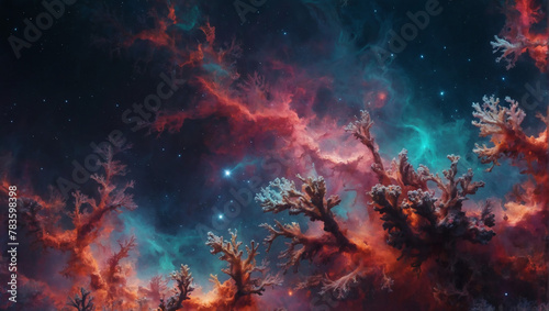 Abstract coral galaxy sky, vibrant and ethereal. © xKas
