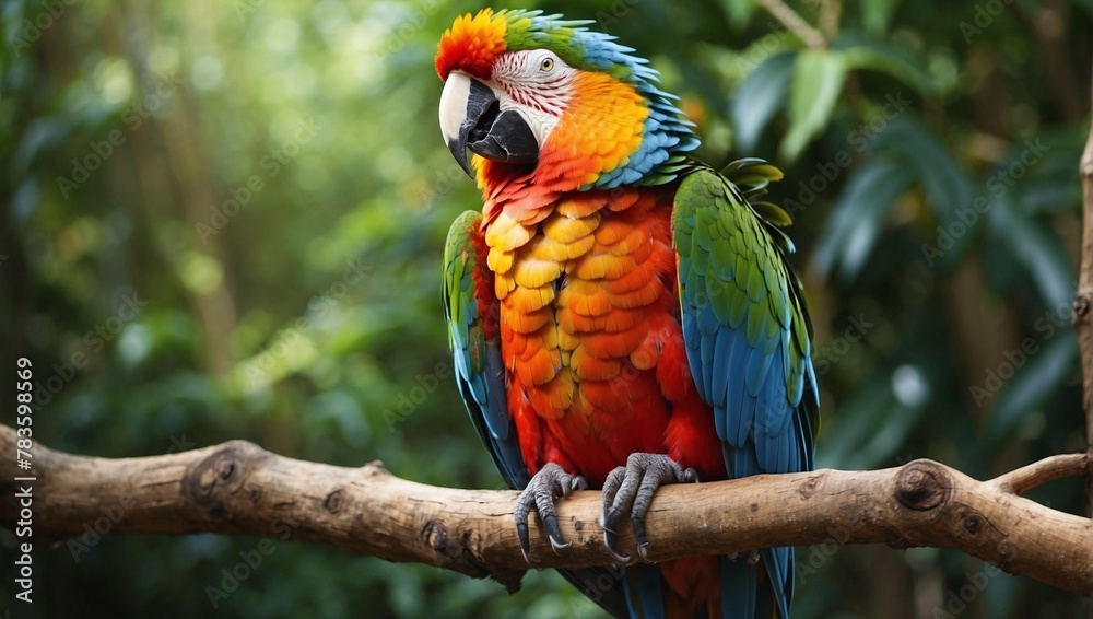 A beautiful  parrot sitting on a bench