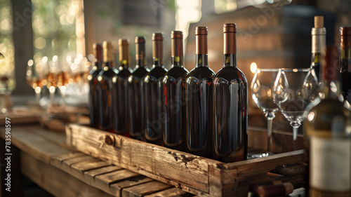 Bottles of wine on wooden table