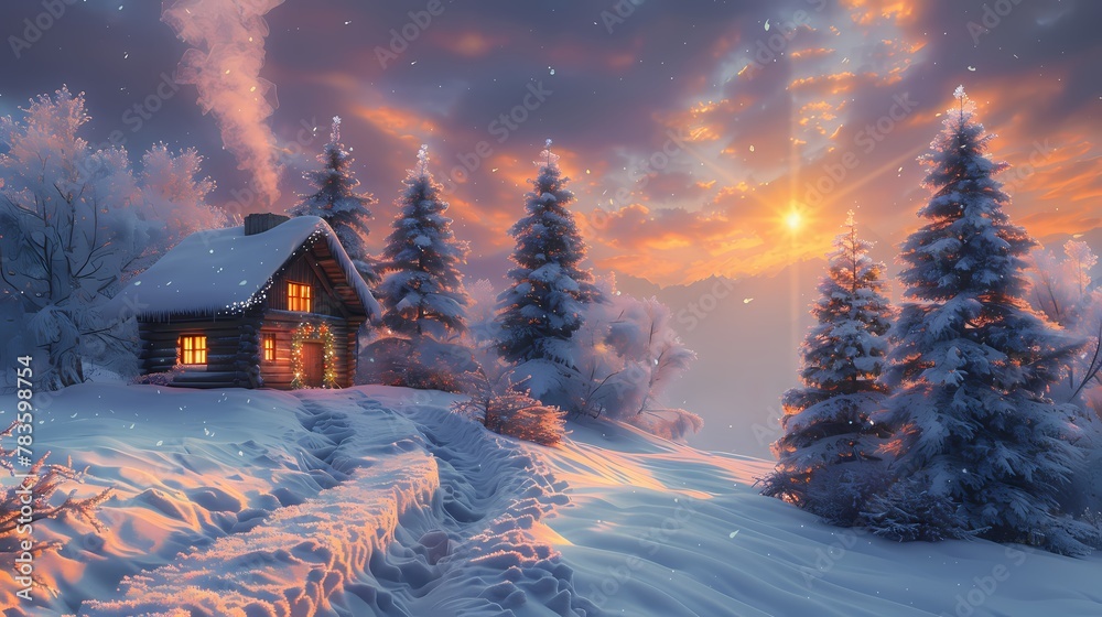A snowy Merry Christmas background with a peaceful winter landscape, snow-covered trees, and a cozy cabin with smoke rising from the chimney