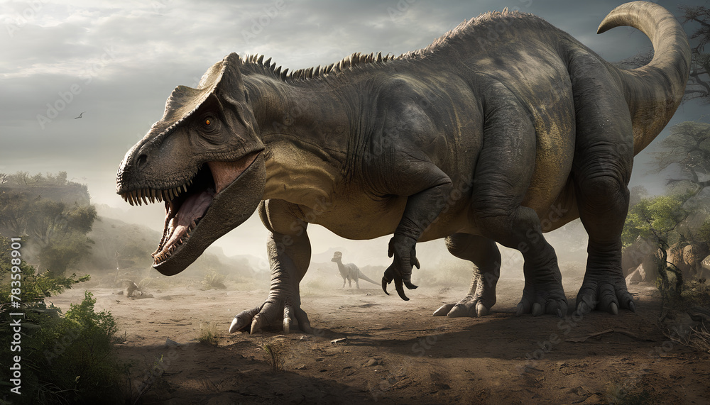 Fototapeta premium Great dinosaur. Dinosaur era. Menacing teeth. Generative AI.