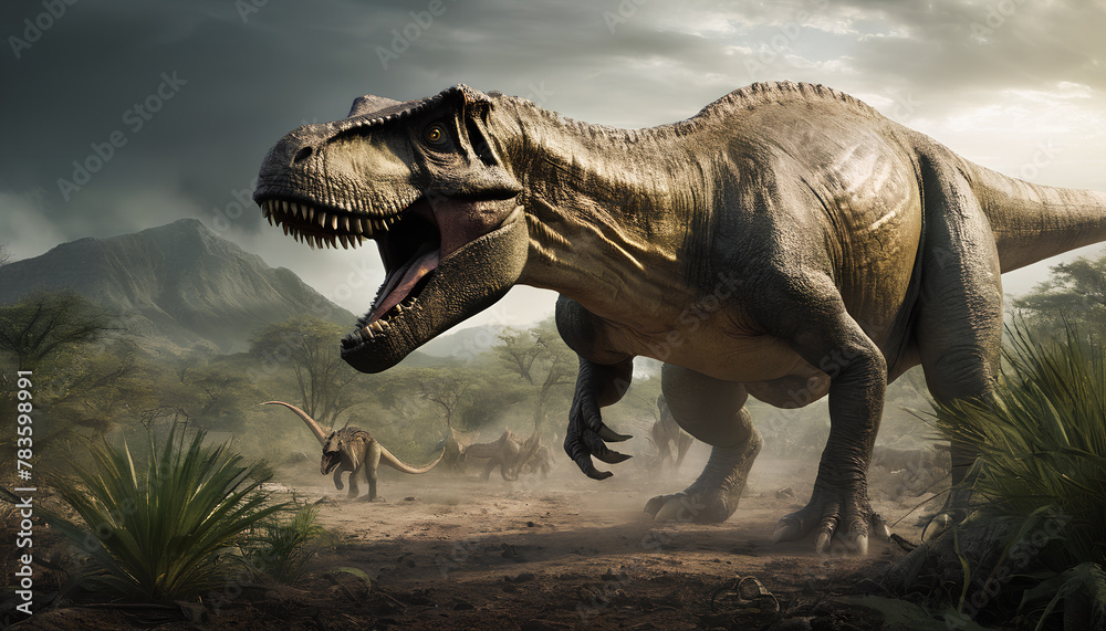 Fototapeta premium Great dinosaur. Dinosaur era. Menacing teeth. Generative AI.