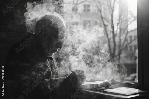 A portrait of a senior man by a foggy window, writing a letter, the words materializing in the mist,