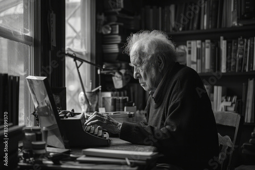 A scene capturing an elderly philosopher recording his thoughts on an old typewriter, each clack rel photo