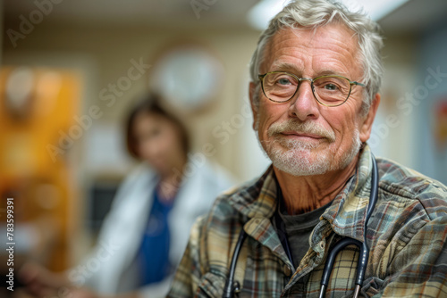 A scene in a doctor's office, where a senior receives news about his health, his expression a mixtur