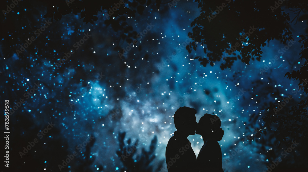 Silhouette of romantic couple embracing against starry sky at night Silhouette of romantic couple embracing against starry sky at night