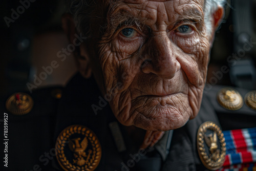 A senior man examines an old uniform from his military days, the medals on his chest glowing faintly